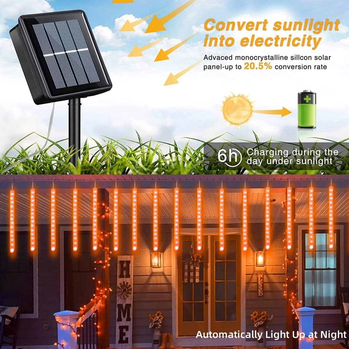 YEGUO Paquete de 2 luces naranjas de Acción de Gracias al aire libre, luces solares de lluvia de meteoritos impermeables, 16 tubos 288 luces LED de