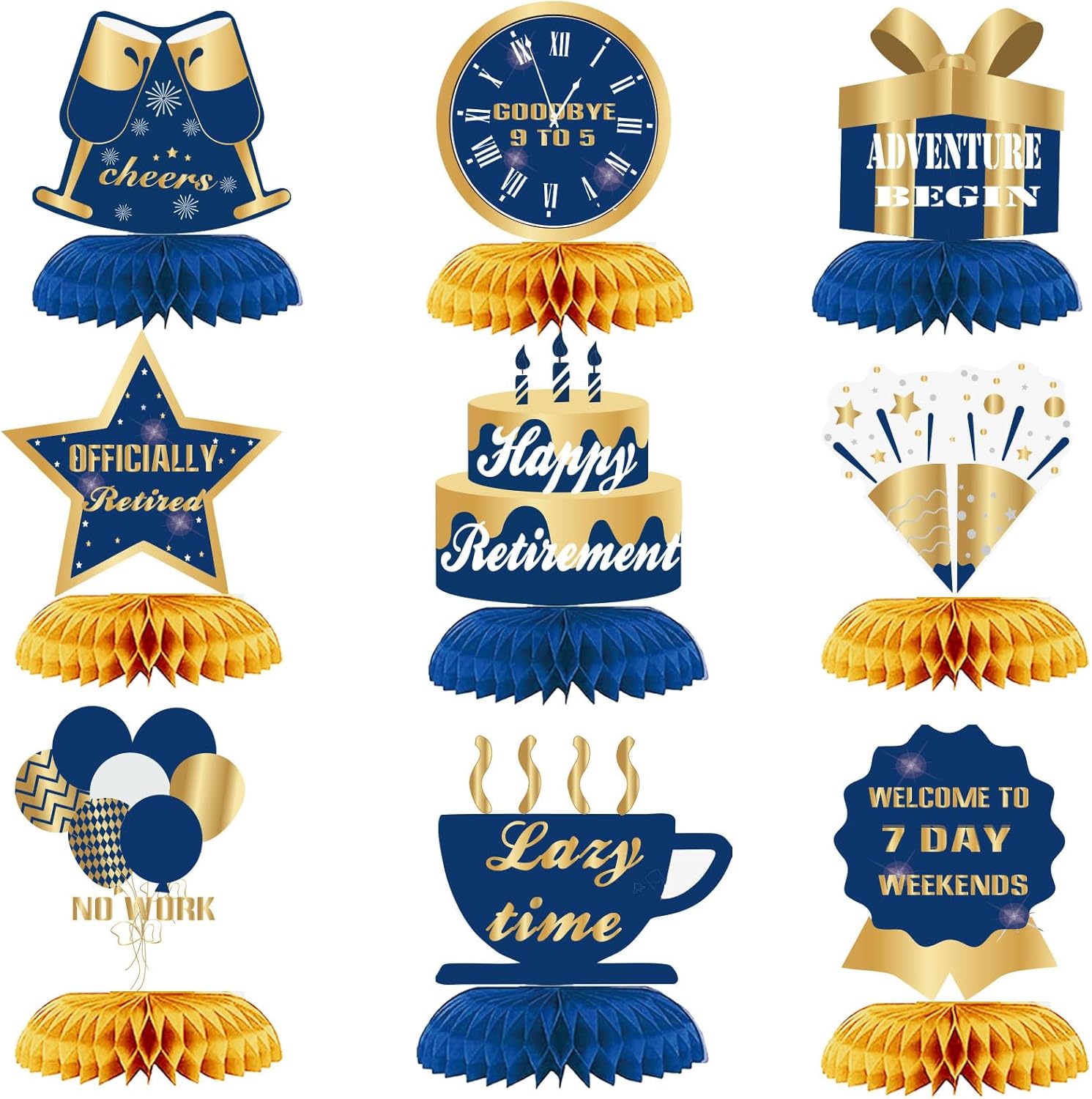 WINPOGEE 9 piezas de decoración de feliz jubilación, centros de mesa de nido de abeja, suministros de fiesta, suministros de aventura de jubilación,