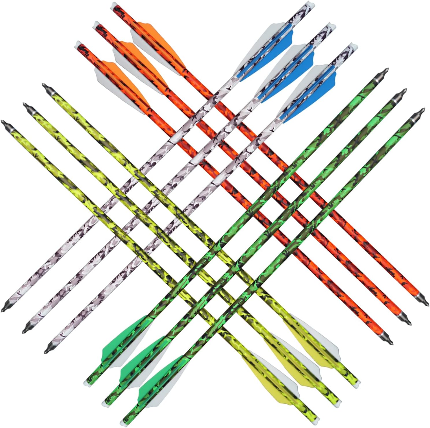 Coloridos pernos de ballesta de camuflaje, flechas de carbono de 18 pulgadas con paletas de 3 pulgadas, punto de campo desmontable y nock, 12