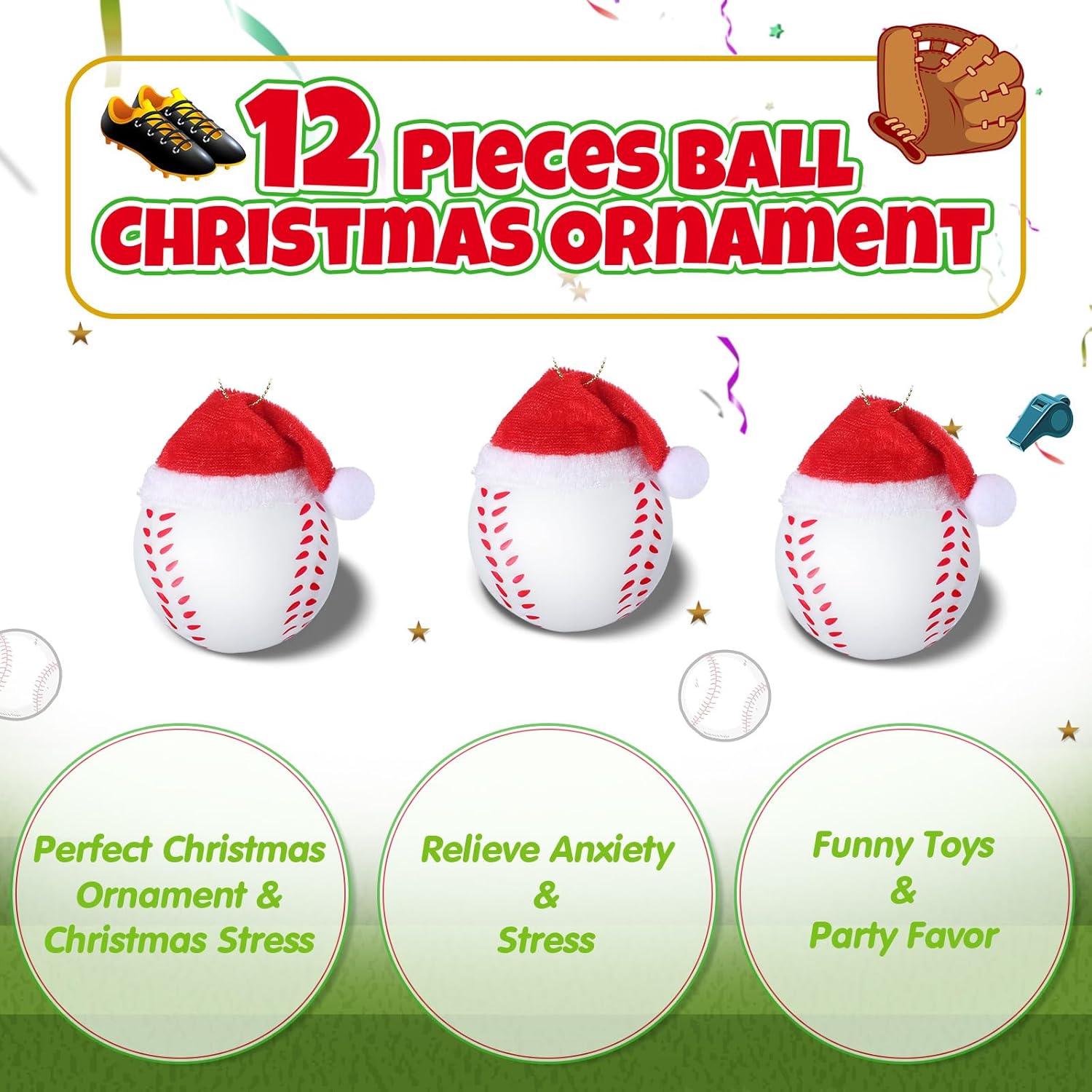 12 bolas deportivas de Navidad con sombrero de Papá Noel extraíble para adornos de árbol de Navidad, regalos de Navidad, decoración del hogar,
