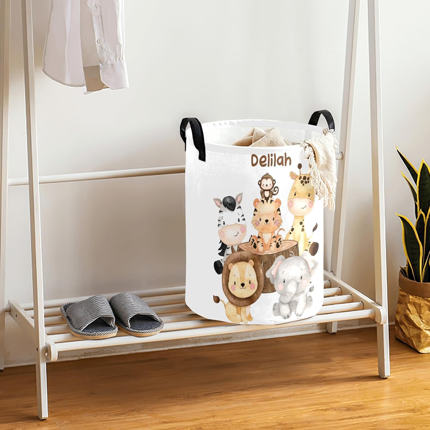 Safari Jungle Animals – Cesta de lavandería personalizada con asa impermeable, cesta plegable personalizada para niños y niñas, dormitorio de