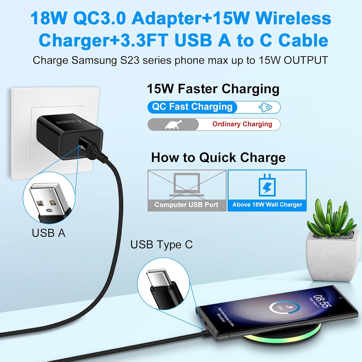 Cargador inalámbrico Samsung de 15 W con adaptador de pared rápido QC 3.0 para Galaxy S24 S23 Ultra S22 S21 FE S20 Z Fold 5 Flip 5 4, Motorola Moto