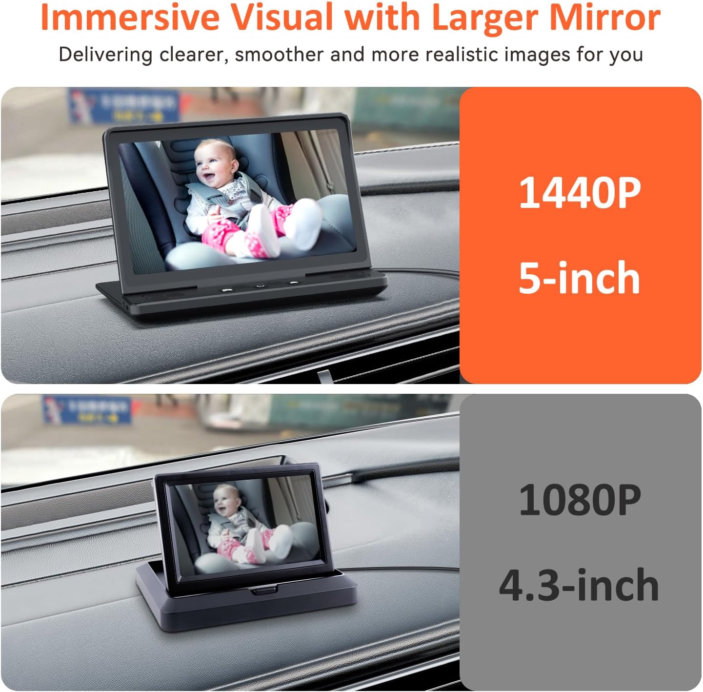 Cámara de coche para bebé HD 1440P, monitor de coche de bebé de 5 pulgadas con cámara de visión nocturna a todo color, espejo de seguridad infantil