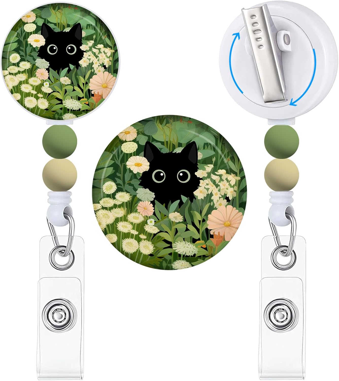 Carretes de insignia de gato negro con flores retráctiles con cuentas de silicona, clips de identificación de alta resistencia, llavero para