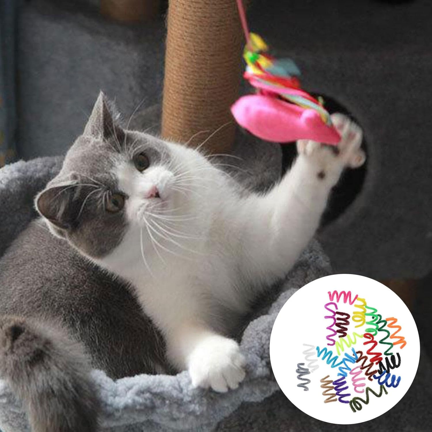 Mipcase 100 juguetes de primavera para gatos, coloridos juguetes interactivos para gatos de interior, resortes espirales de felpa, juguete para