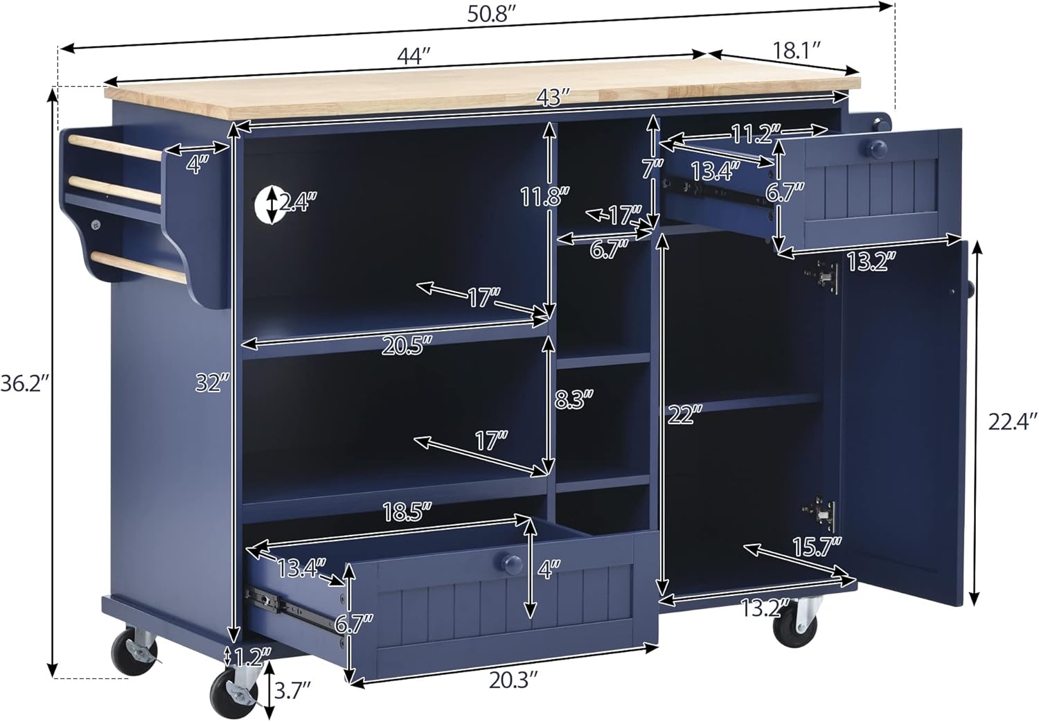 Bellemave Carrito de isla de cocina rodante con ruedas con armario de almacenamiento, carrito de cocina móvil con 2 cajones y toallero, barra de