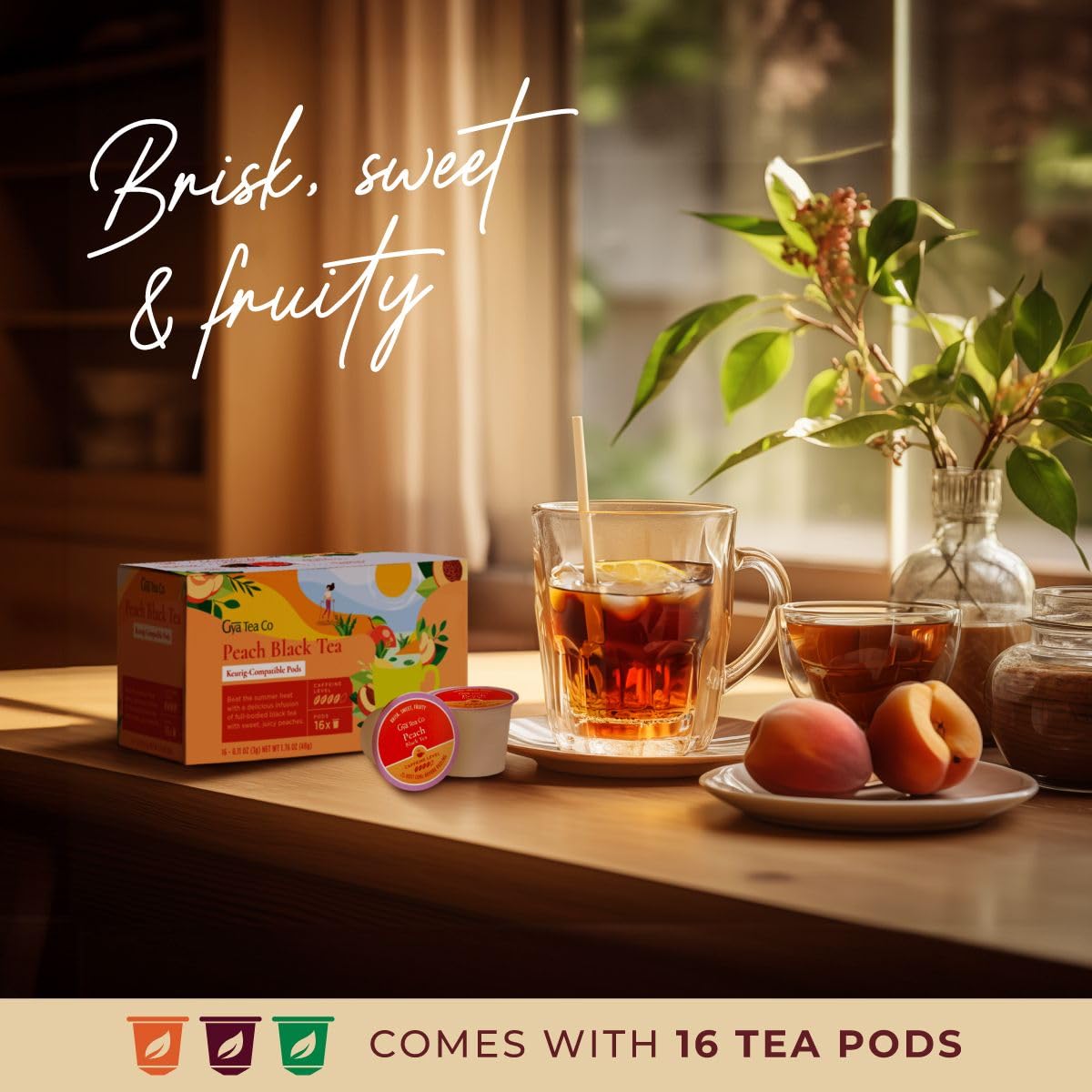 Gya Tea Co Tazas K de té negro melocotón para Keurig, té suave con alta cafeína, comienza el día con cápsulas de té para Keurig, las mejores