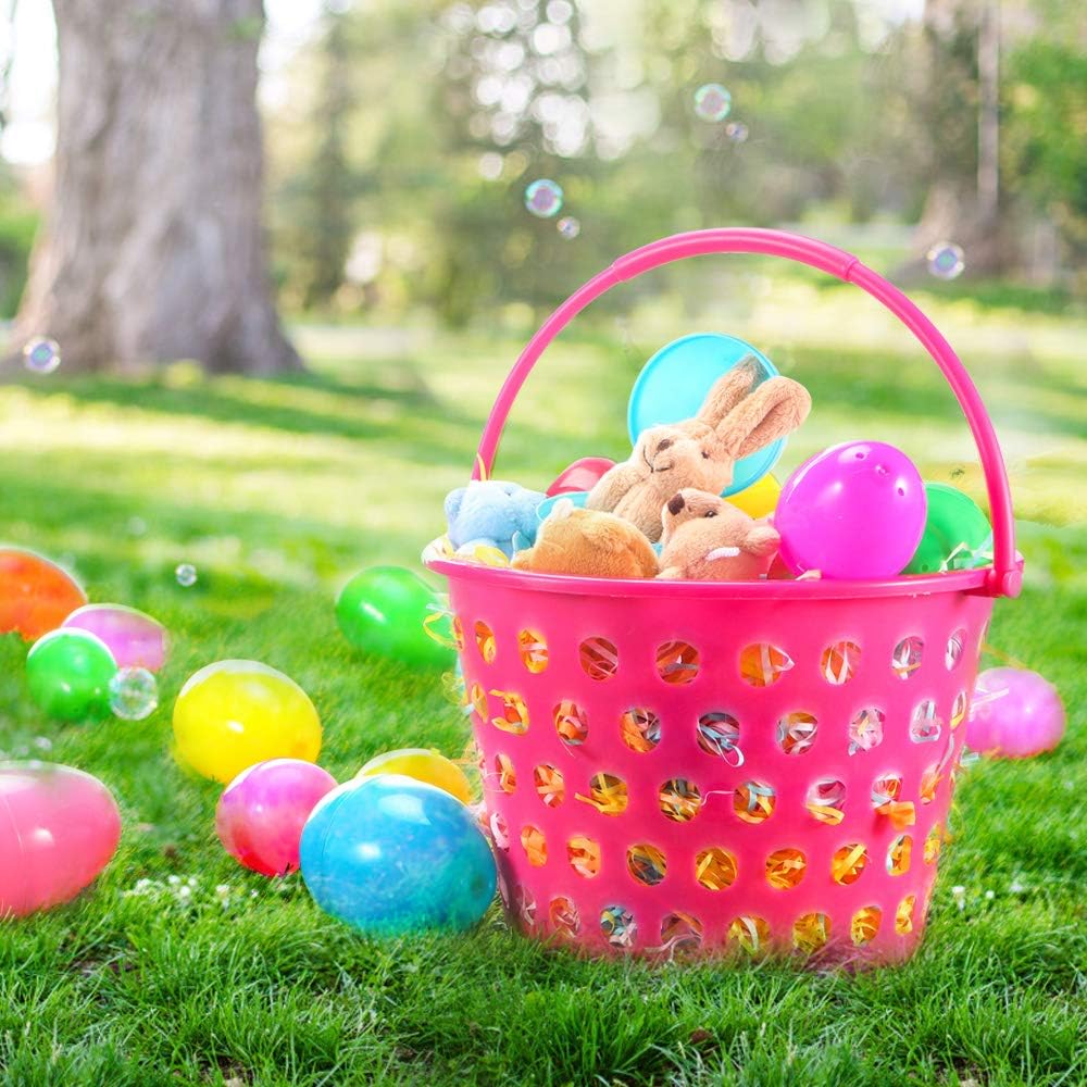 Sizonjoy Paquete de 12 cestas de Pascua para niños, bolsas de Pascua de plástico de 8.6 pulgadas con asas, bolsas de cubo de Pascua rellenas de
