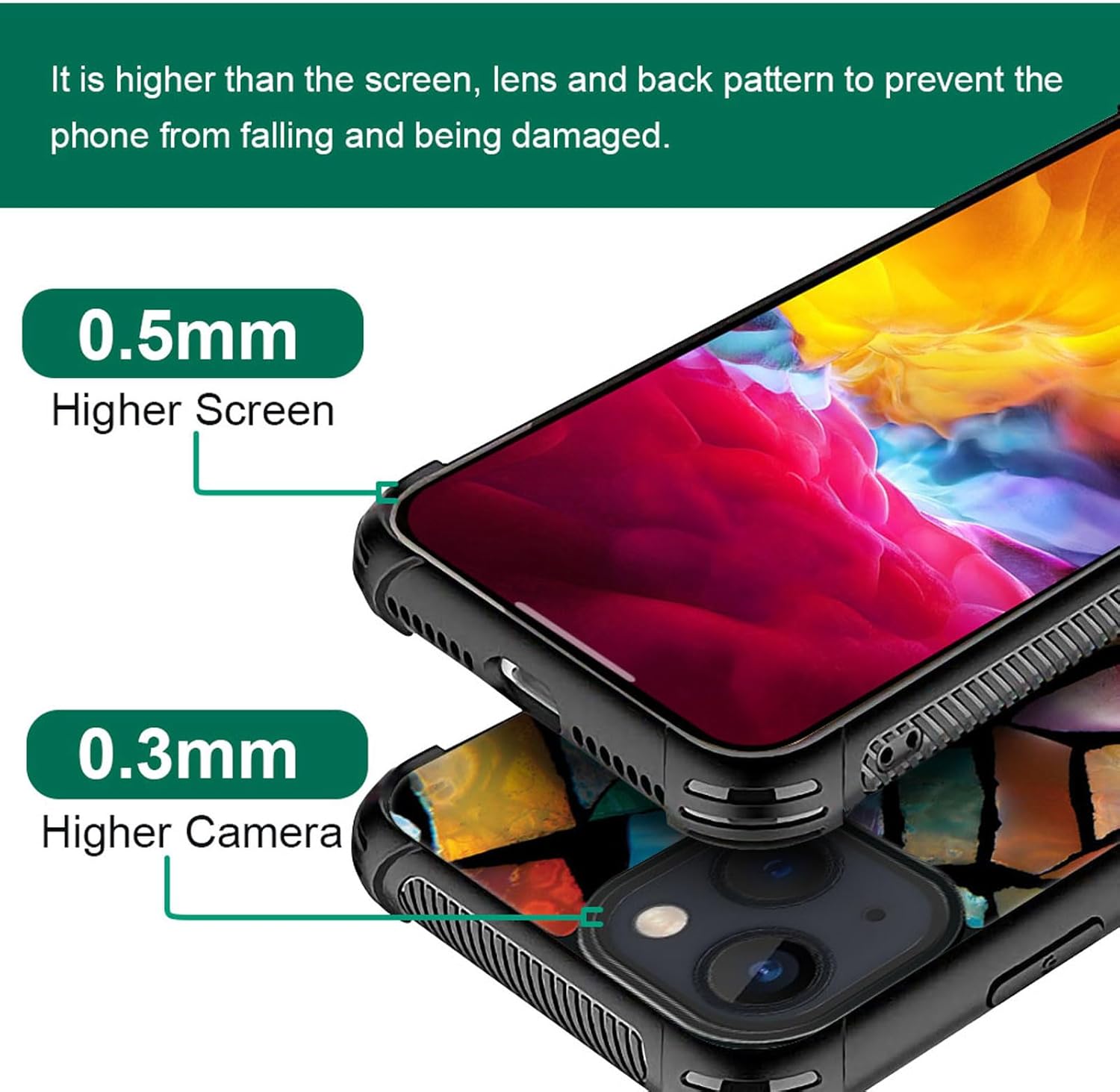 ZHEGAILIAN Funda compatible con iPhone 15 Plus, vitrales de mosaico de fiesta divertida, parte trasera de vidrio templado + funda protectora de