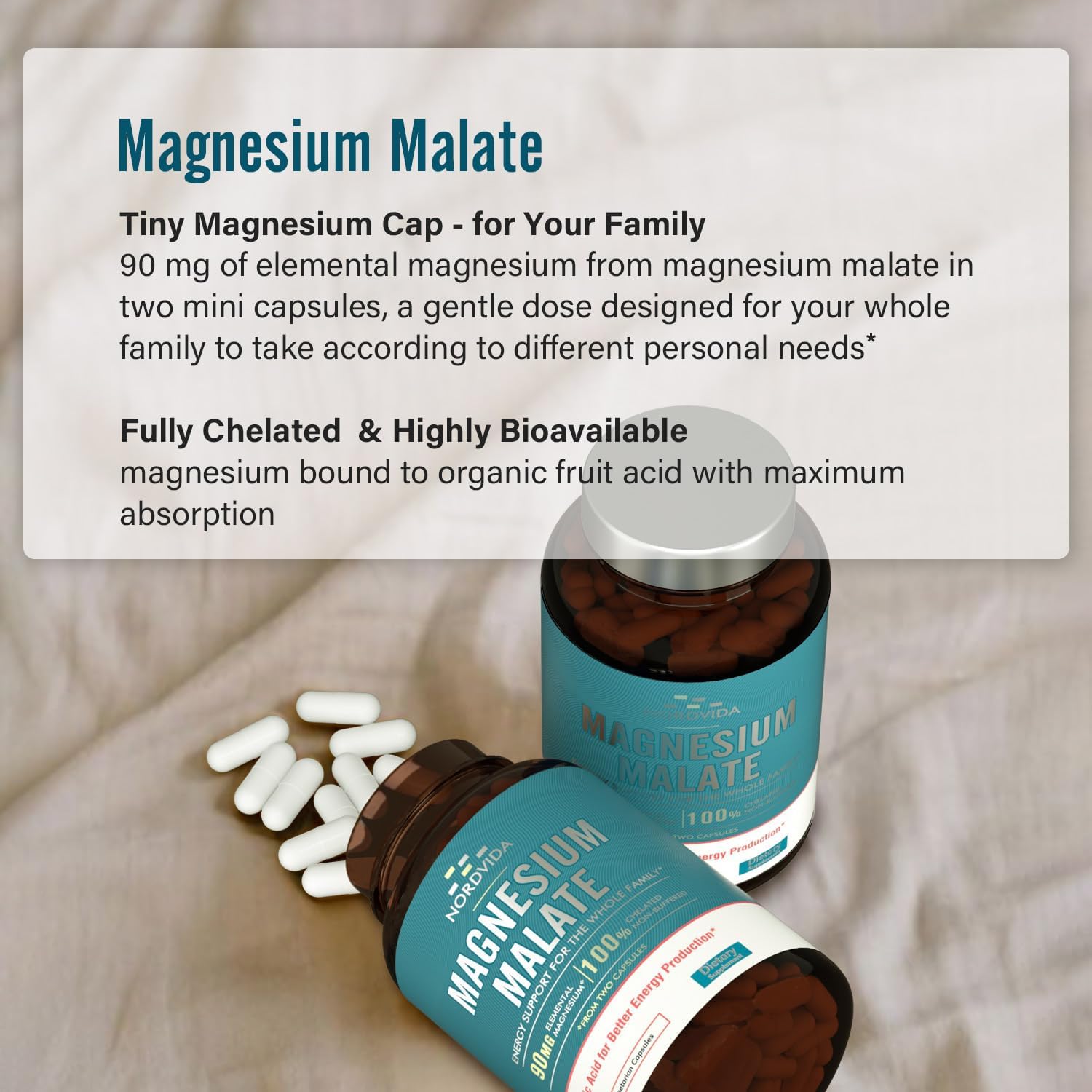 Malato de magnesio, 90 mg de magnesio elemental, para adultos y niños, totalmente quelado con ácido málico, apoya la producción de energía y la