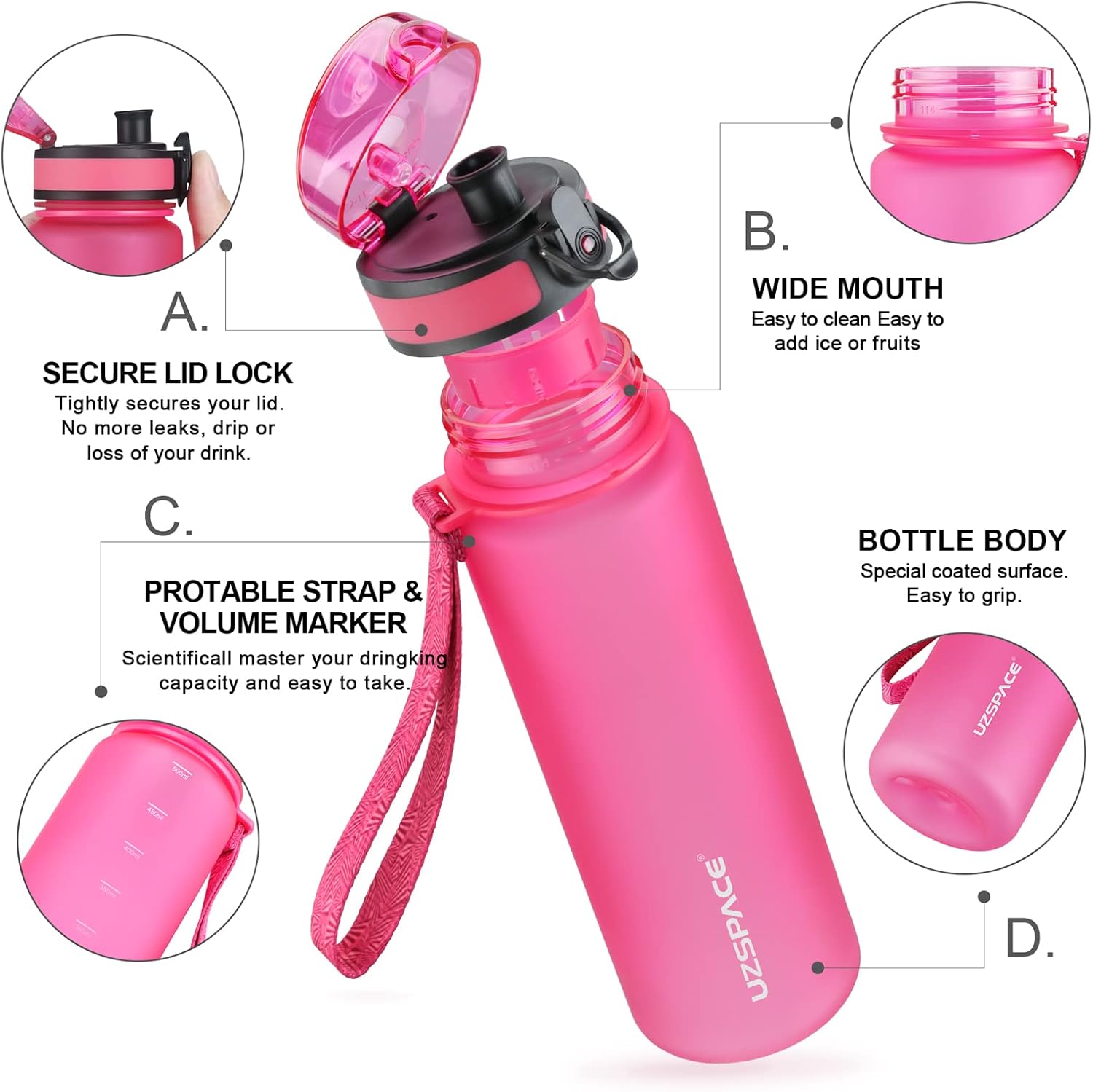 UZSPACE Botella deportiva de plástico a prueba de fugas para niños de 1 litro, 27.1 fl oz, 16.9 fl oz, Tritan y botella deportiva sin BPA apta para