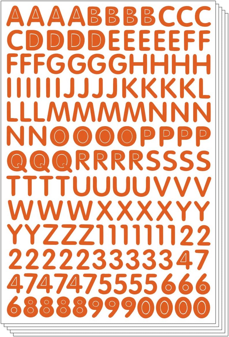 Calcomanías de letras del alfabeto, números de personajes, etiquetas autoadhesivas (5 hojas, naranja)