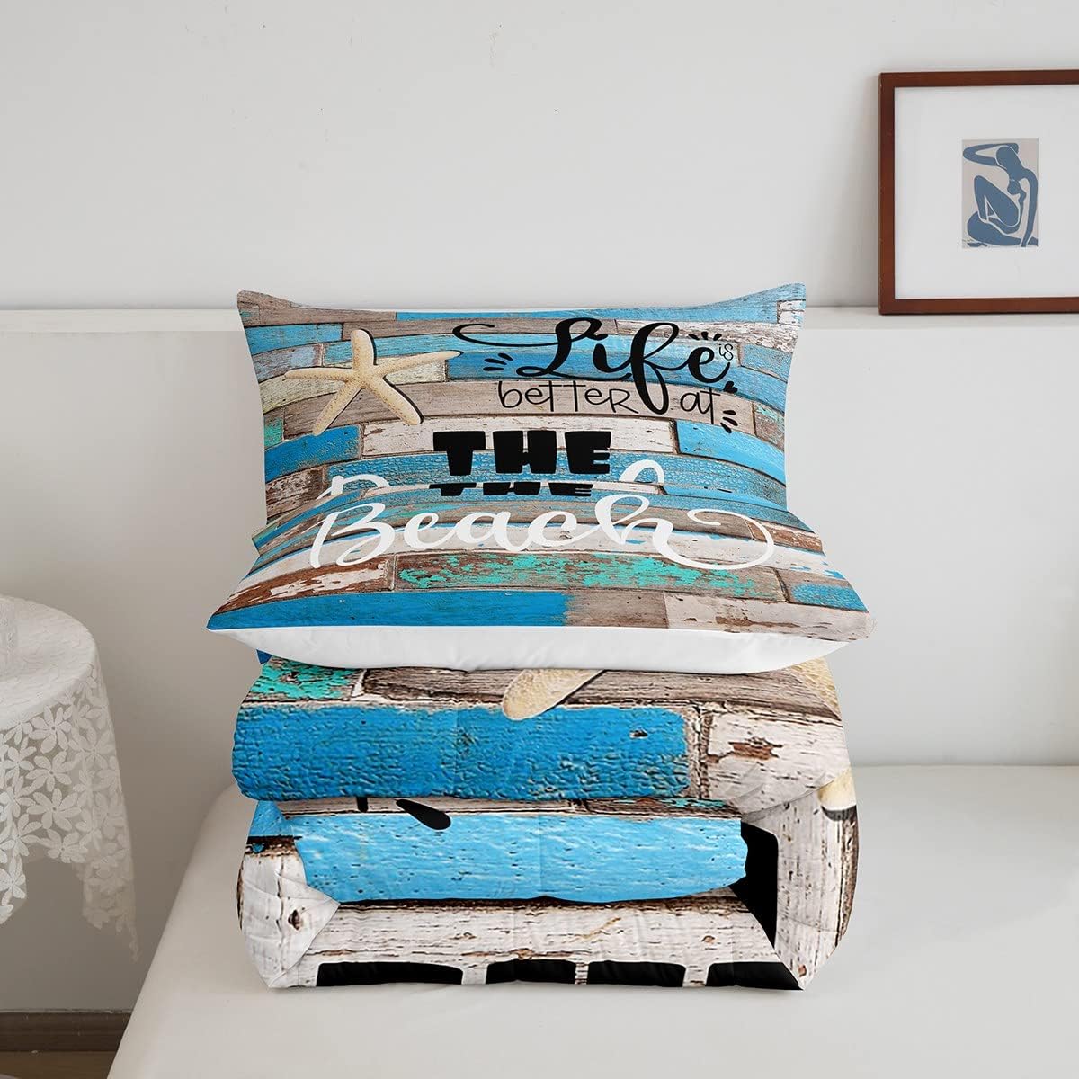 Juego de edredón con temática oceánica, tamaño individual, juego de ropa de cama rústica azul de madera para mujeres, hombres, niños y niñas,