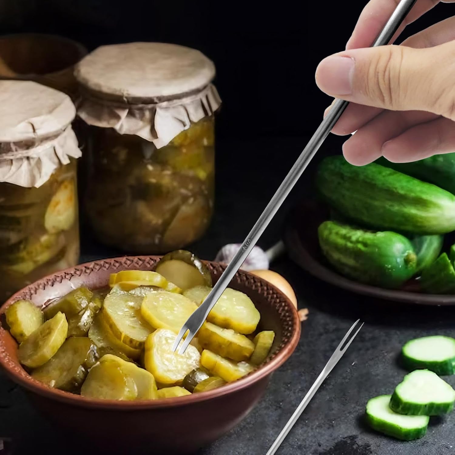 Juego de 6 pinzas para servir de cocina con mango largo, tenedor para pepinillos, cuchara de aceituna con orificio de drenaje, colador de acero