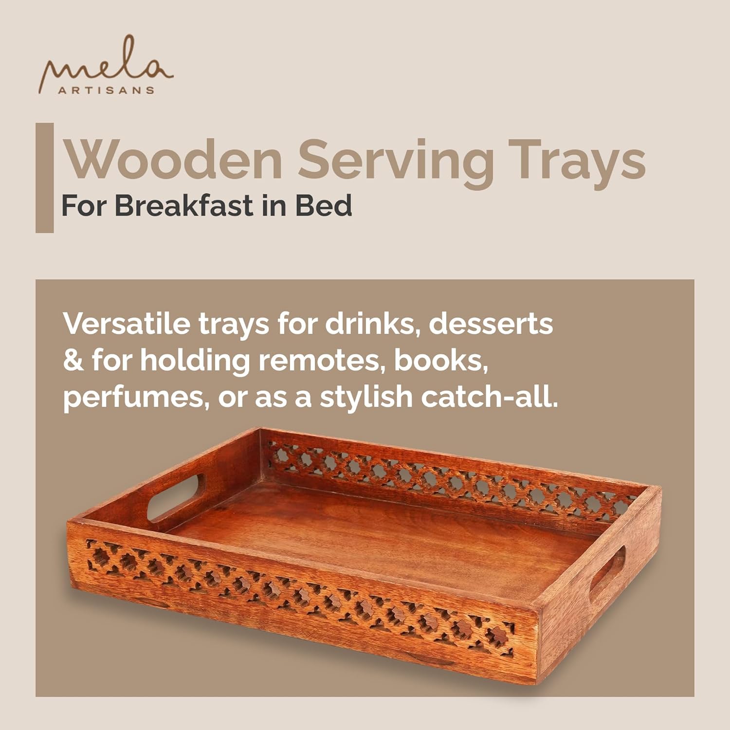 Bandejas decorativas de madera pulida mediana con asas, bandeja de granja “Trellis para mesa auxiliar” – Bandeja de madera para servir en la cama –
