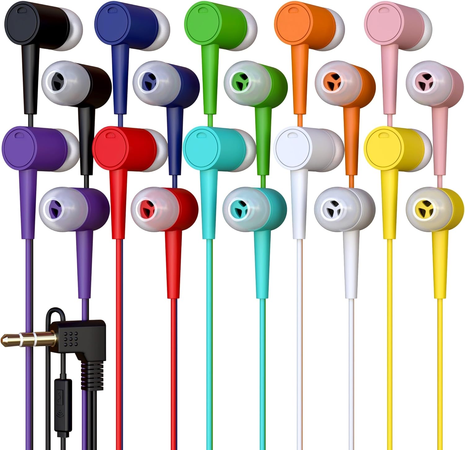 Paquete de 20 auriculares con micrófono multicolor para niños, empaquetados individualmente, auriculares desechables con micrófono, ideales para