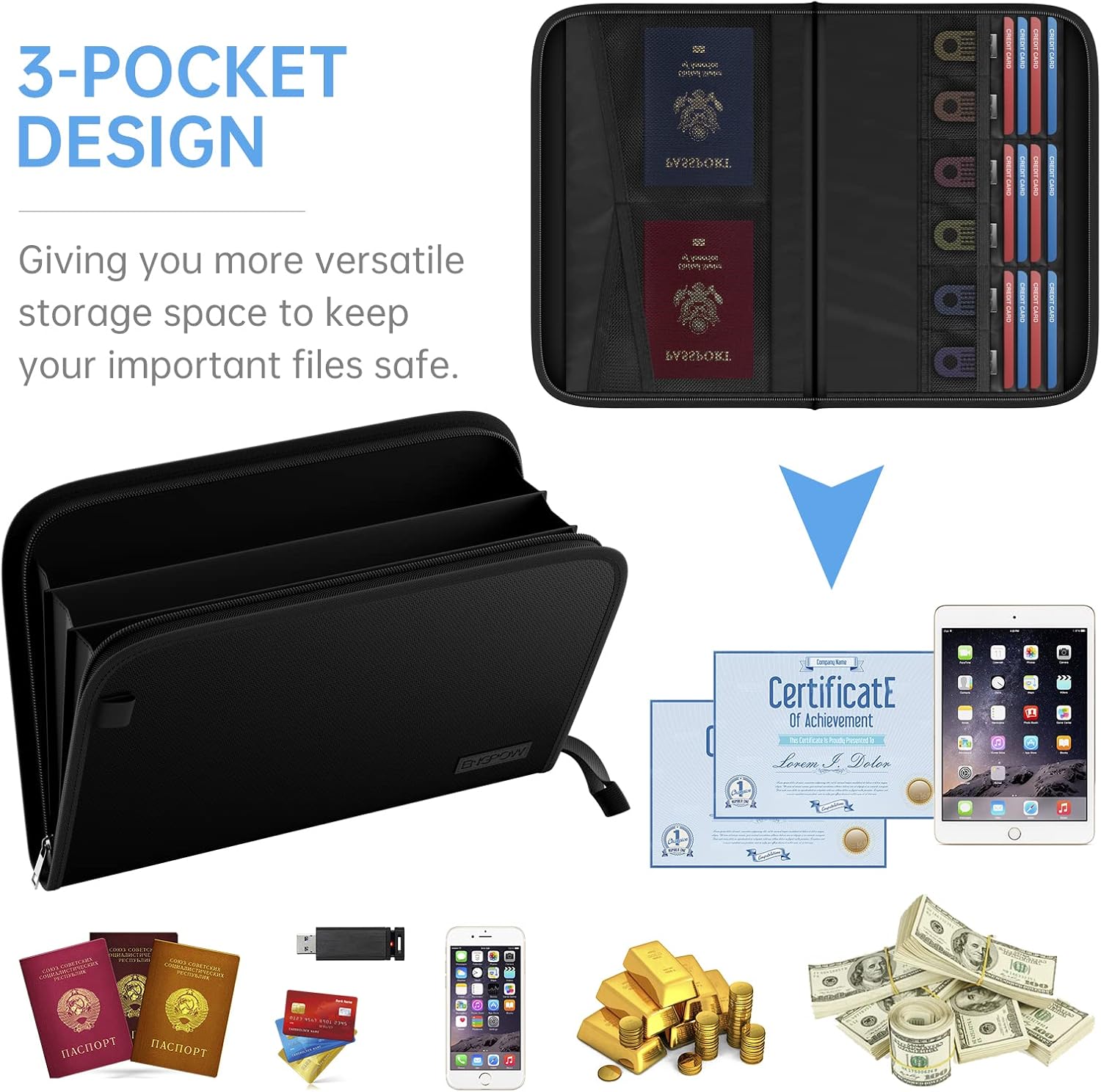 ENGPOW Carpeta de archivos expandible con bolsillos multifunción, carpeta de archivos ignífuga, resistente al fuego y al agua, bolsa de documentos