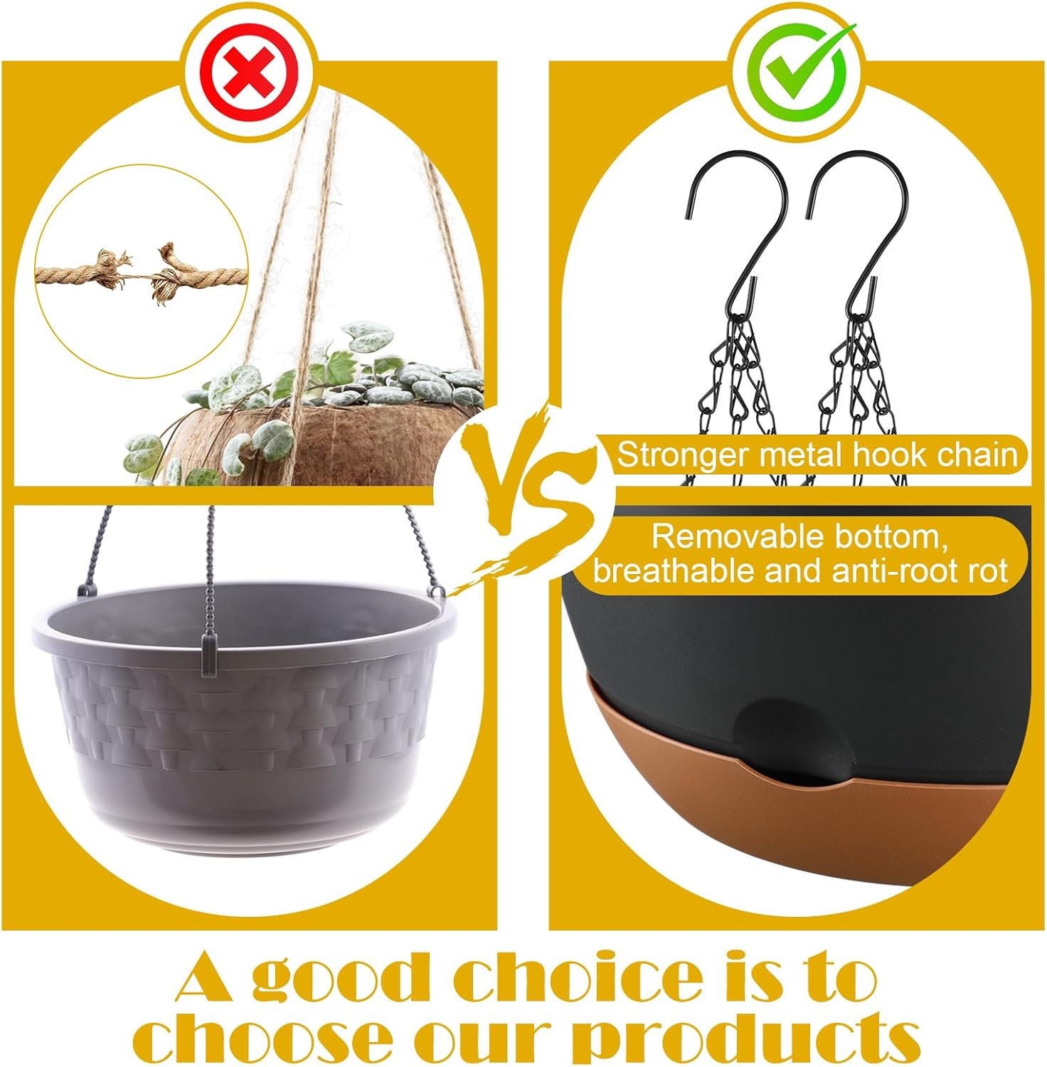Remerry Juego de 6 macetas colgantes de 11.2 pulgadas para plantas de interior y exterior, juego de macetas colgantes de plástico con agujeros de