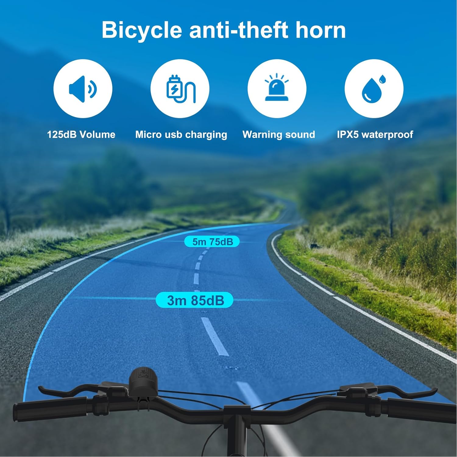 Bocina de bicicleta eléctrica de 125 dB con alarma antirrobo, campana pequeña y ruidosa, 1 modo de sonido, bocina de bicicleta impermeable
