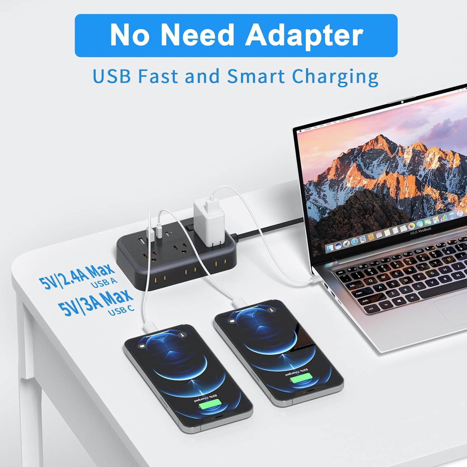 NTONPOWER – Cable de extensión largo 10 en 1 de 25 pies con 4 puertos USB (incluye 2 USB C) cable de extensión con múltiples tomas de corriente