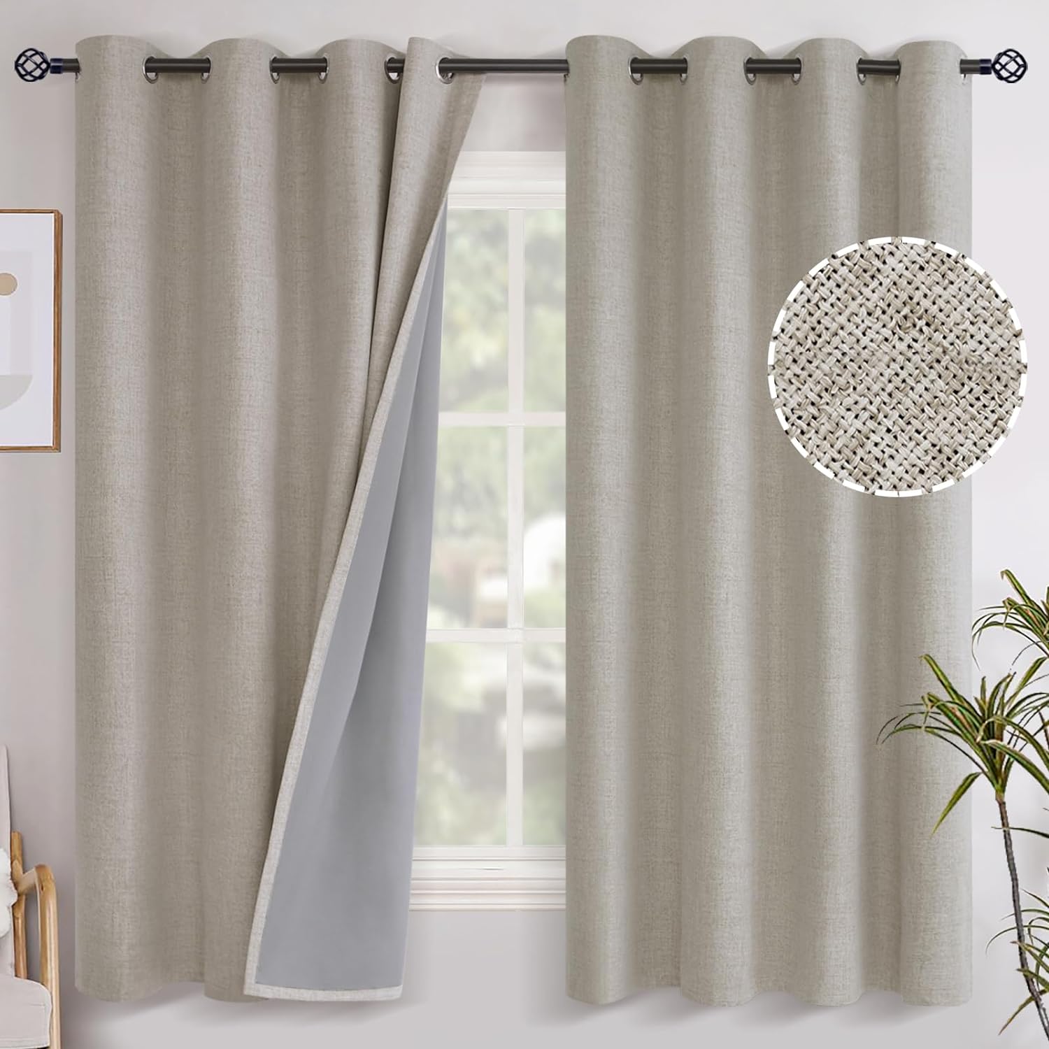 YoungsTex Cortinas de lino 100% opacas con forro para dormitorio, cortinas de ventana con ojales texturizados de lino con aislamiento térmico para