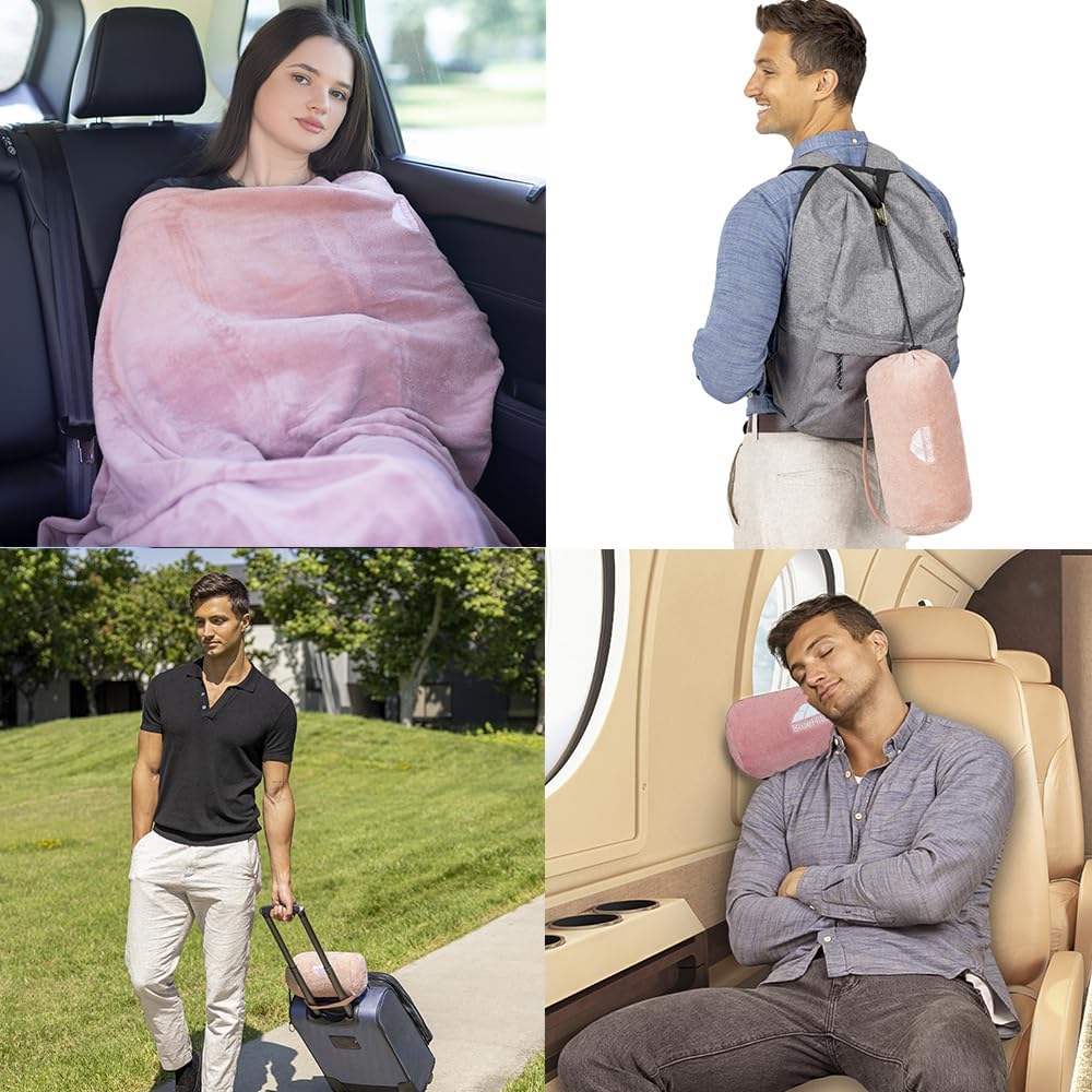 BlueHills Almohadas largas y enrolladas de manta de viaje para dos aviones esenciales de viaje, mantas de vuelo en estuche de bolsa con clip para