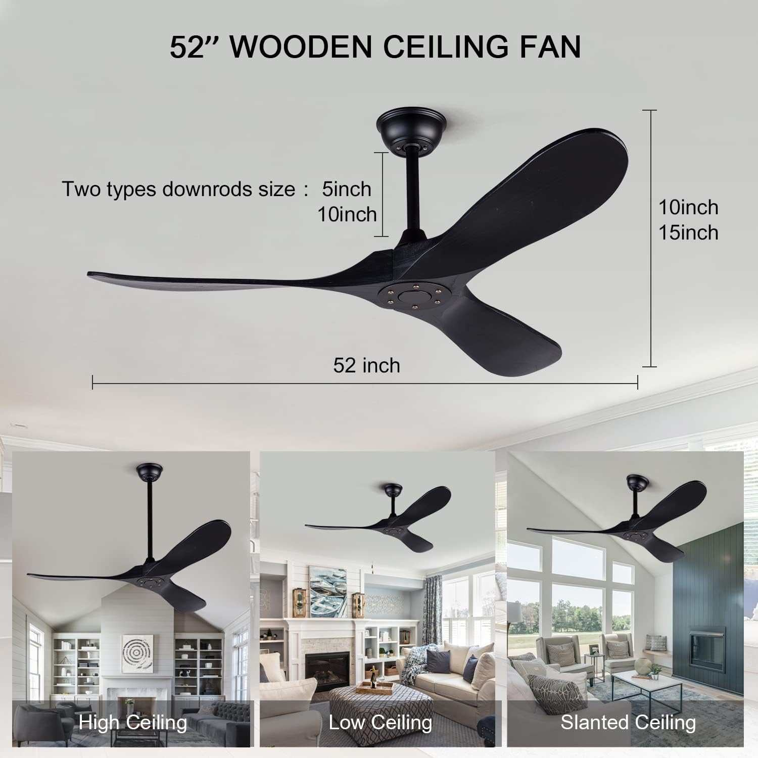 BOJUE Ventilador de techo de madera de 52 pulgadas sin luz y control remoto, ventilador de techo negro para perfil bajo para interiores y