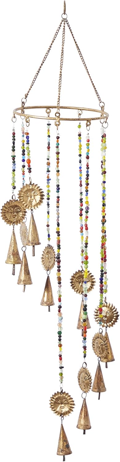 Deco 79 Carillón de viento de metal con cuentas de vidrio y campanas de cono, 7 x 7 x 28 pulgadas, dorado