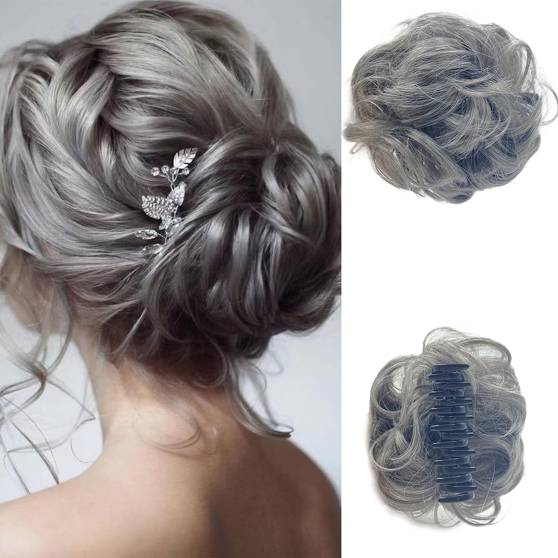 Extensión de moño desordenado con clip de garra, rizado, ondulado, sintético con clip para mujer, postizo recogido (mezcla negra y gris)