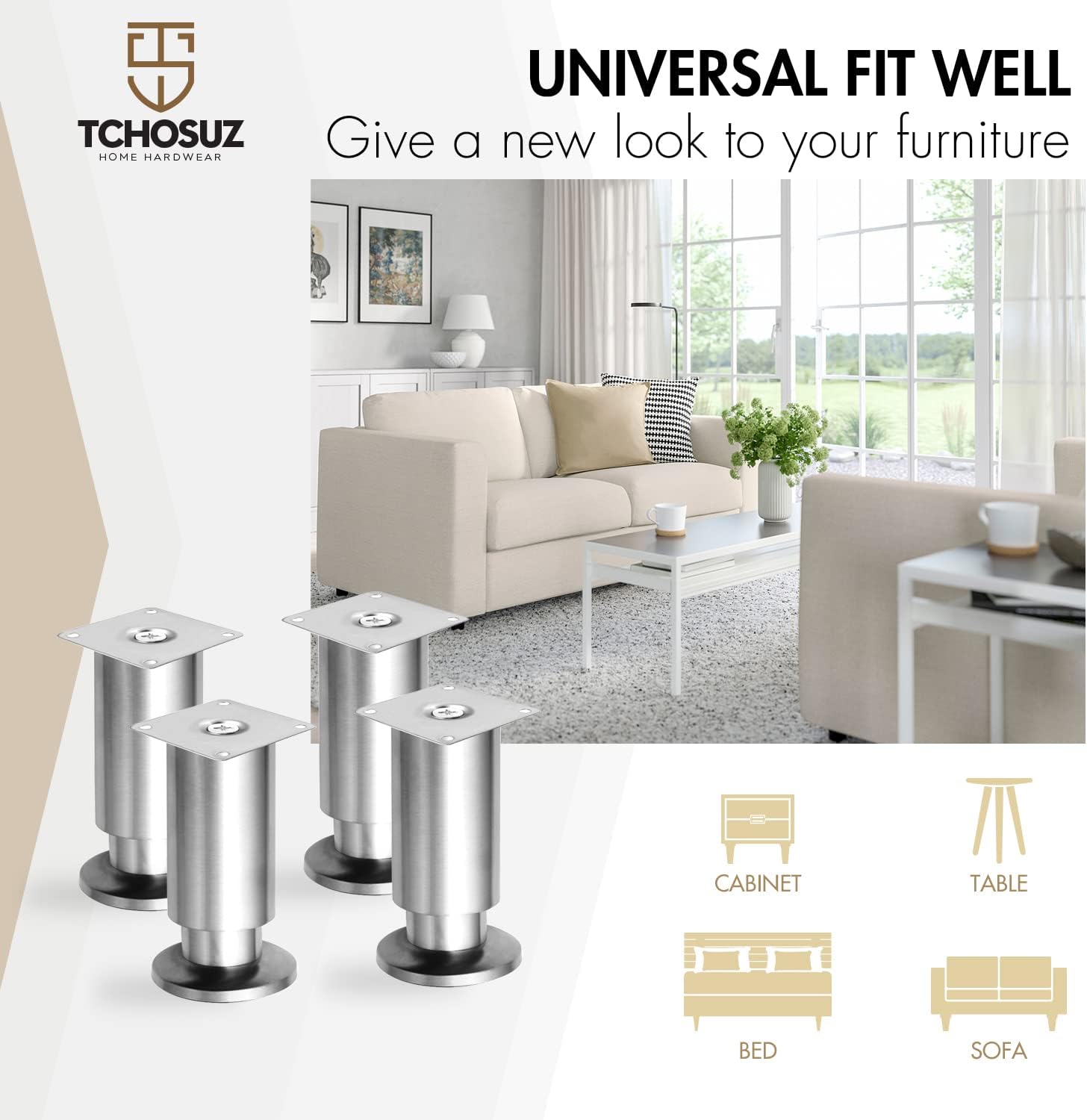 Patas de metal para muebles de 8 pulgadas  7.9 in, paquete de 4 patas de repuesto modernas de acero inoxidable para proyectos de bricolaje en el