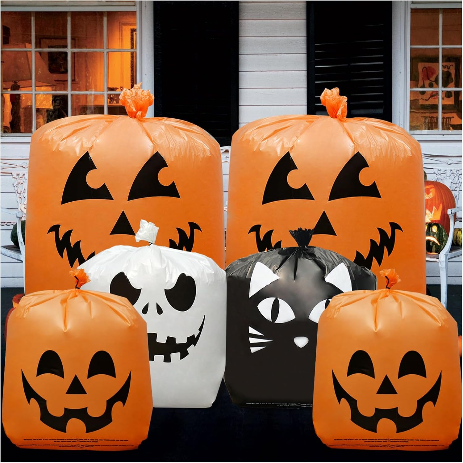 6 bolsas de calabaza de Halloween para césped, incluye 2 bolsas de 48 x 36 pulgadas de calabaza sonriente y 4 bolsas de basura de Halloween de 30 x