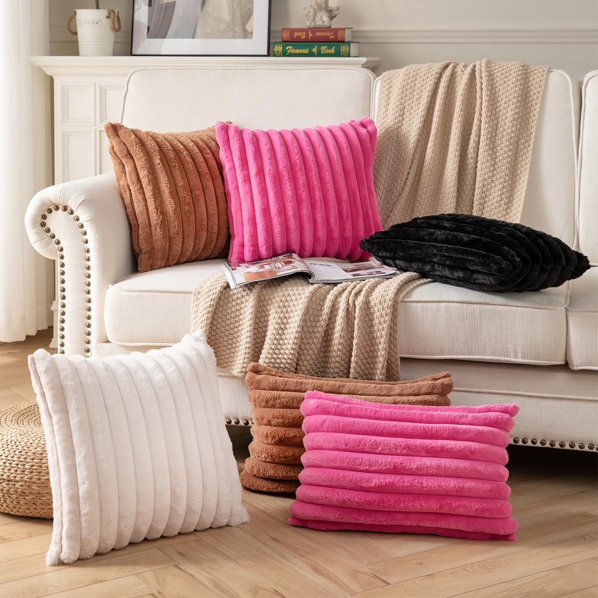 DEELAND Paquete de 2 fundas de cojín decorativas de felpa de pelo sintético de doble cara, fundas de cojín suaves a rayas para sofá, dormitorio,