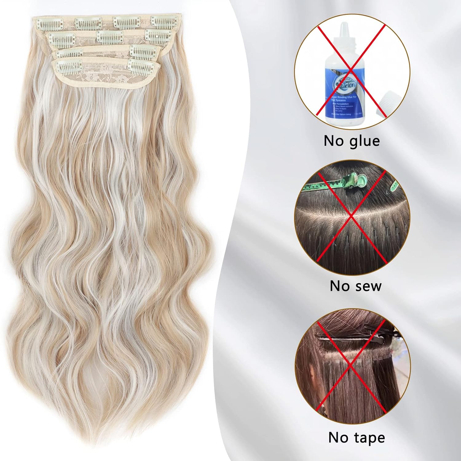 4 extensiones de cabello sintético con clip para mujer, rubio ceniza oscuro, mezclado con rubio decolorado, largo, ondulado, natural, 20 pulgadas,