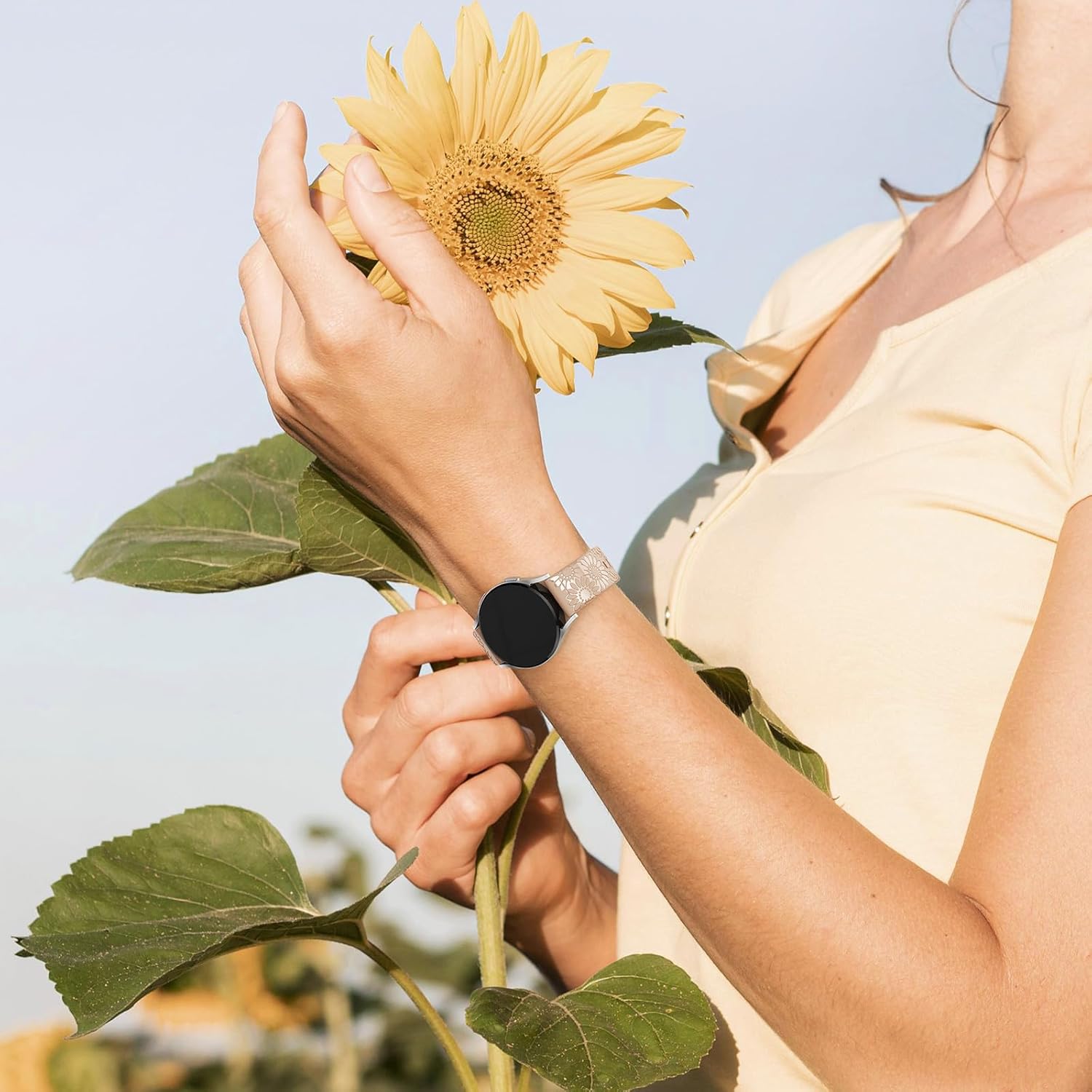 Correa grabada de girasol compatible con Samsung Galaxy Watch 6 5 4 1.575 in 1.732 in5 Pro 1.772 inWatch 6 4 Classic 1.693 in 1.850 in 1.654 in