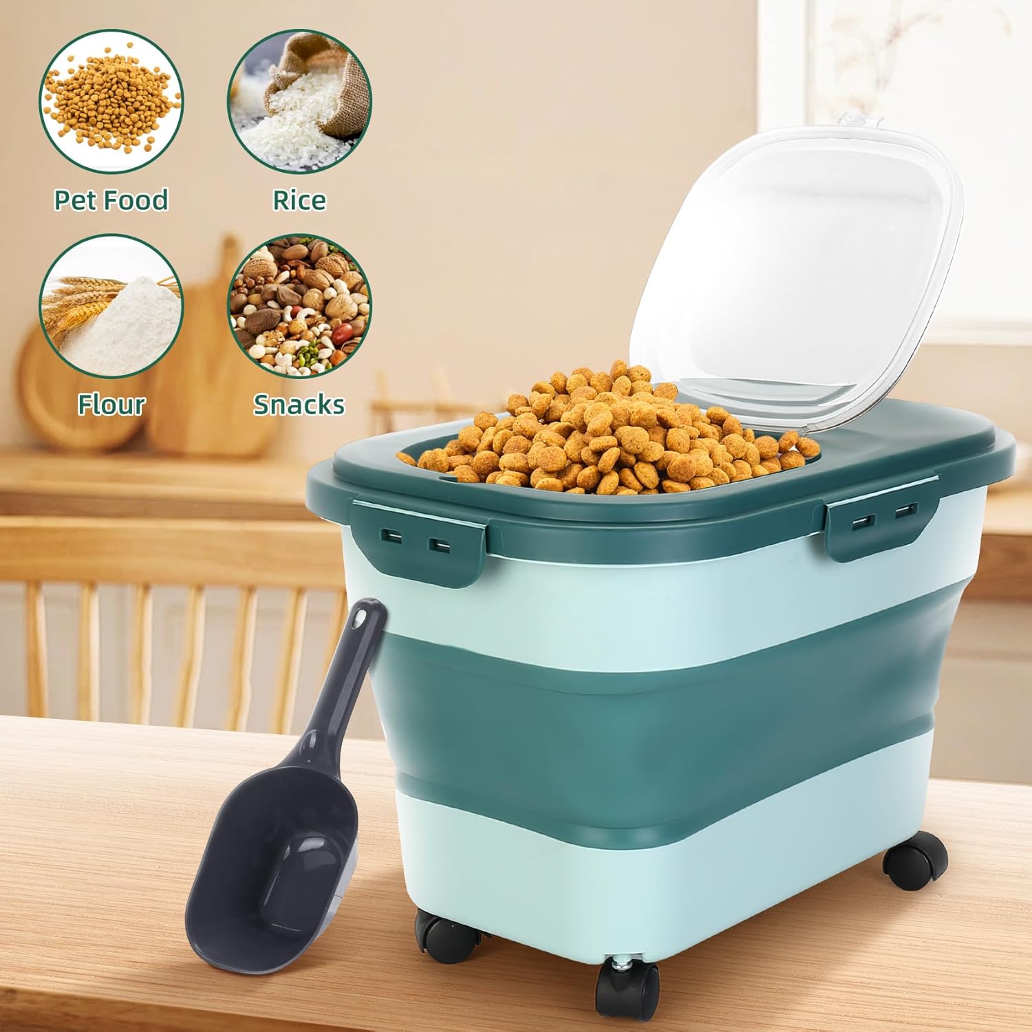 ShineMe Contenedores de almacenamiento de alimentos para mascotas de 20 libras, contenedor plegable de comida para perros con tapa hermética, taza