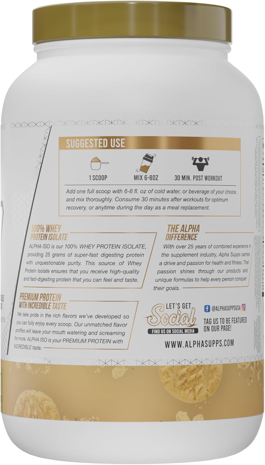 Alpha Supps ISO, polvo aislado de proteína de suero de leche 100% bajo en carbohidratos, 0.88 onzas por porción, ayuda a apoyar el crecimiento