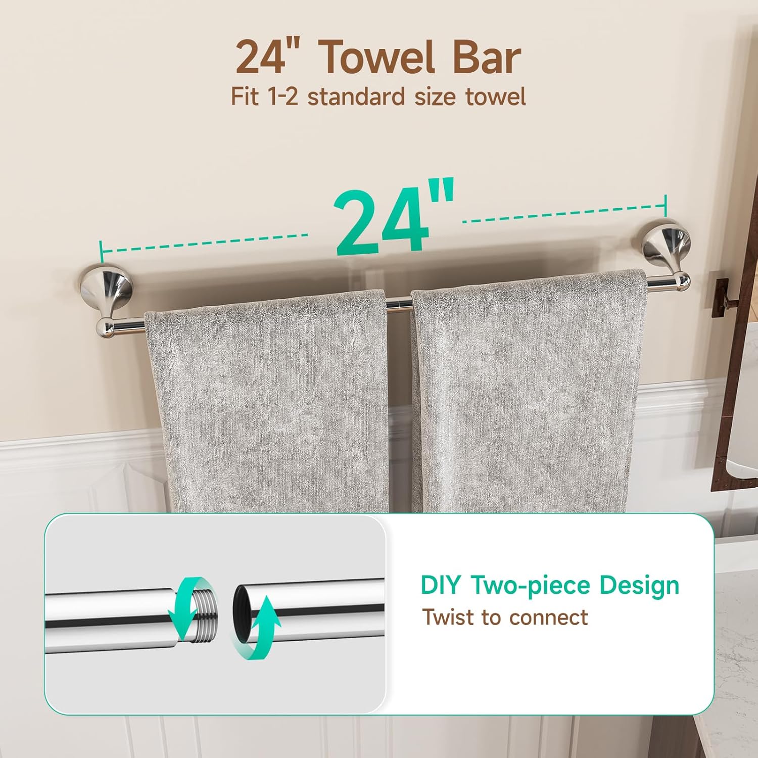 USHOWER Juego de accesorios de baño de cromo pulido, juego de toallero de 24 pulgadas montado en la pared, juego de accesorios de baño resistentes,