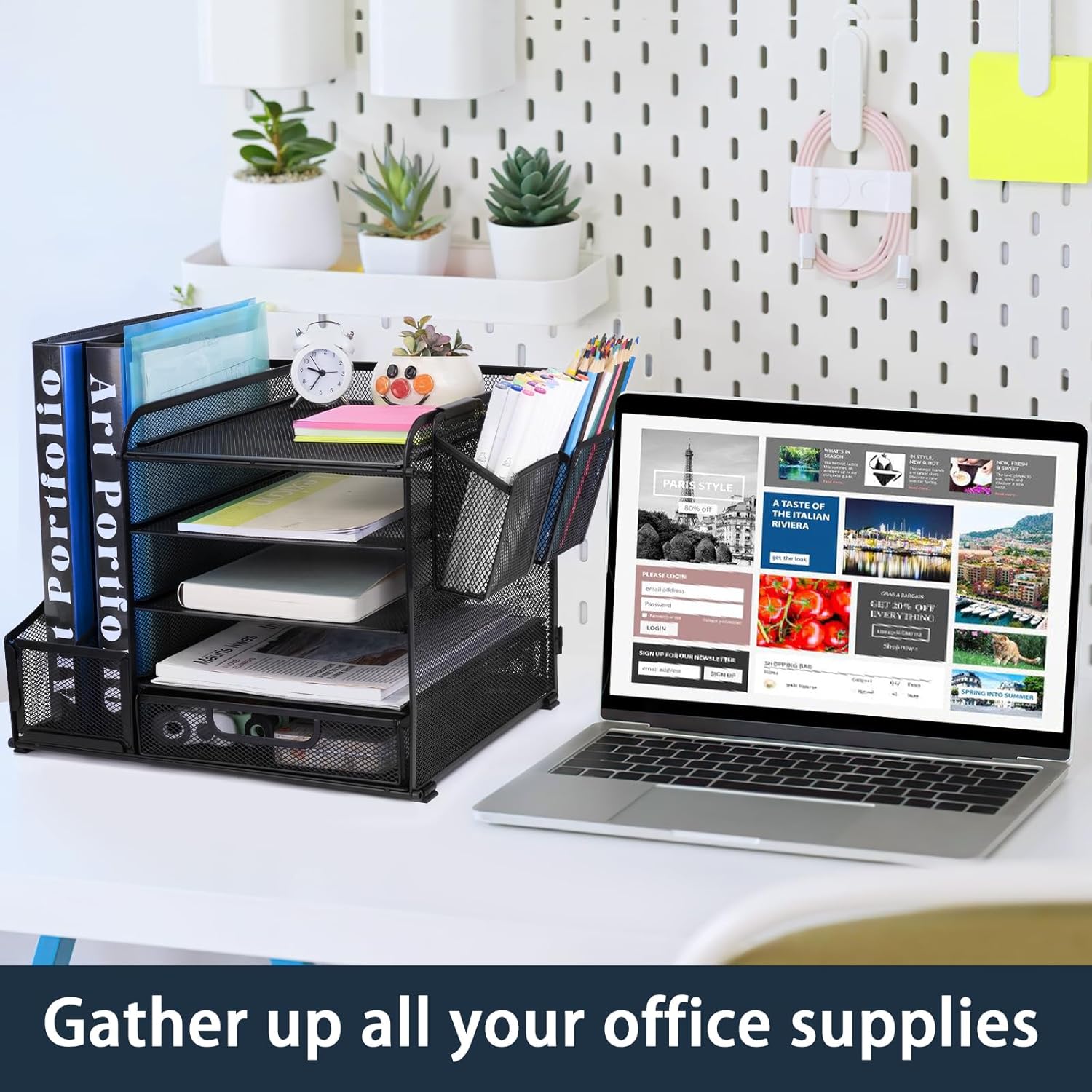 Organizador de escritorio con bandeja de archivos, cajón, soportes para bolígrafos, soporte para revistas para accesorios de oficina y papeles,