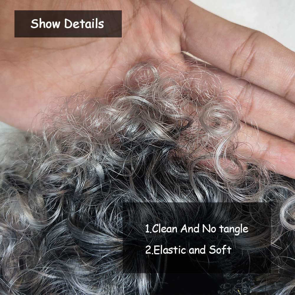 Yinmei Baibian Extensiones de moño afro corto con cordón de coleta afro, rizado y rizado, color gris oscuro, extensiones de moño sintético para
