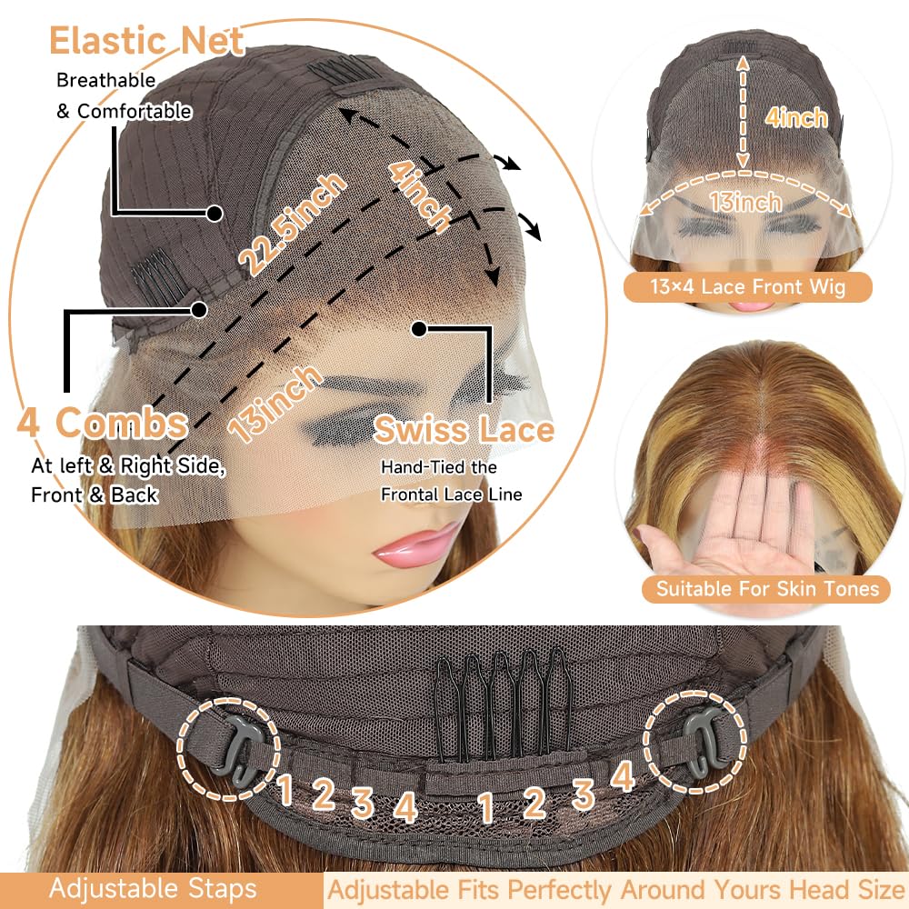 Peluca de cabello humano con encaje frontal transparente HD de 13 x 4 pulgadas, 180 % de densidad, cabello humano ondulado 427, color rubio miel,