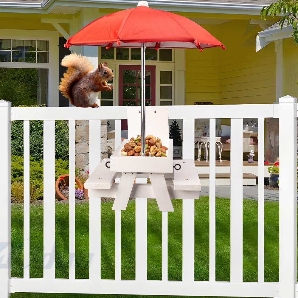 Mesa alimentadora de ardilla de madera con paraguas, comederos colgantes de ardillas para invierno exterior, comederos para pájaros de semillas de