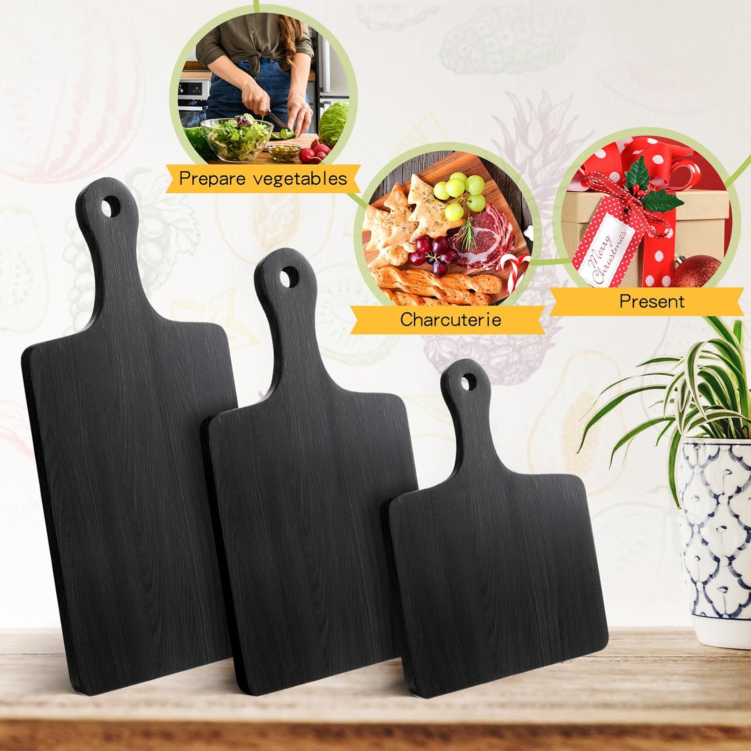 Paquete de 3 tablas de cortar de madera de acacia negra con asa, tablas de servir de pizza de madera, bandeja de charcutería, tabla de cortar para