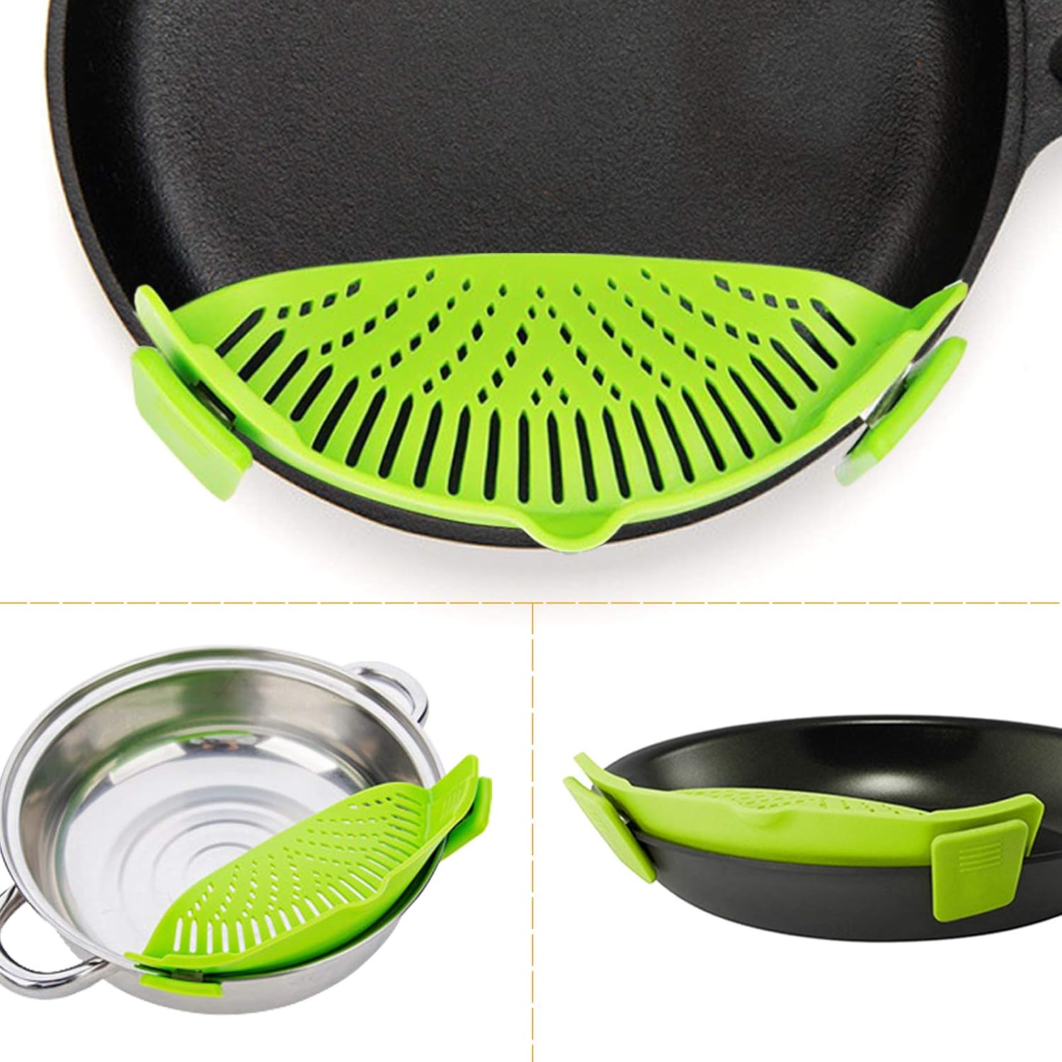 findTop – Juego de 4, colador a presión y salvamanteles de silicona plegables antideslizantes, con clip resistente al calor, boquilla de vertido y