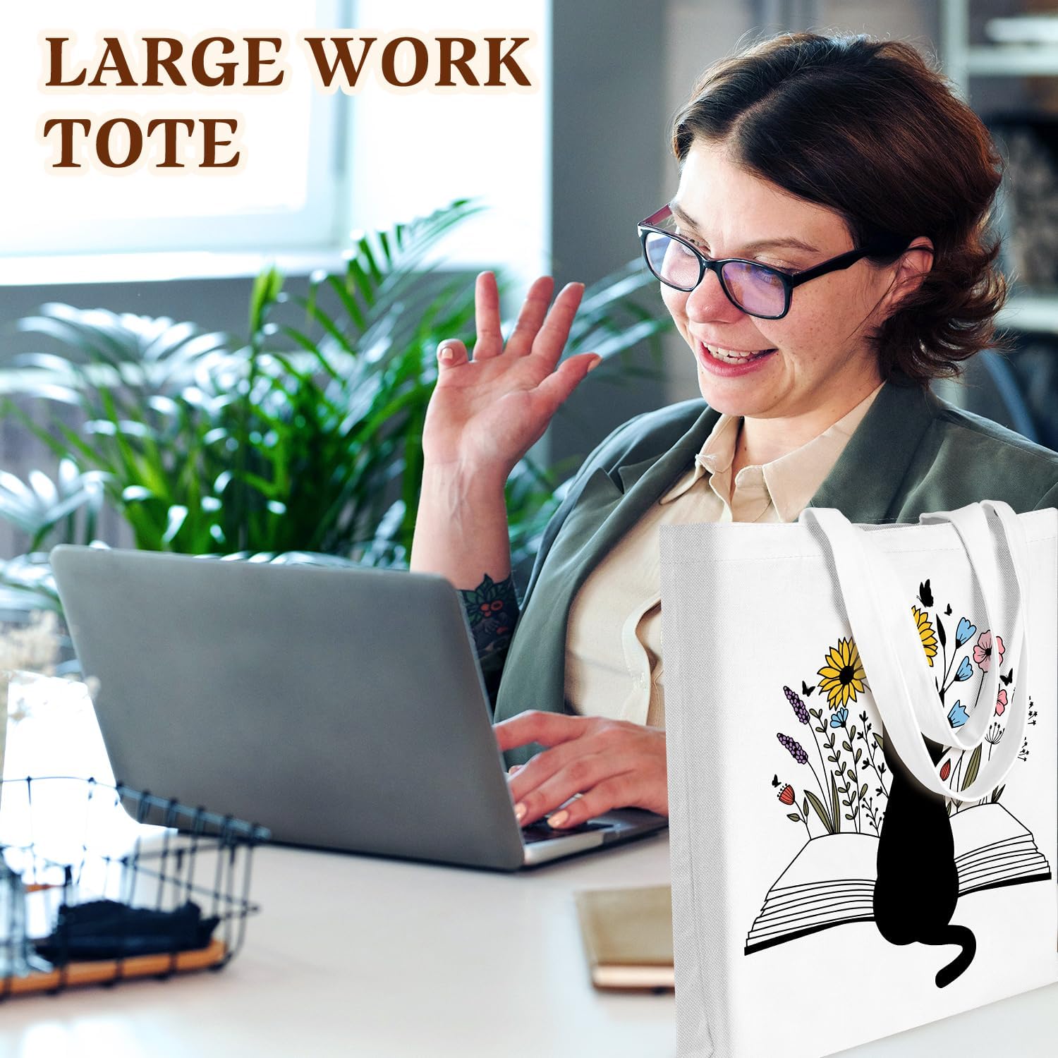 Bolso de lona de tela de algodón estético para mujer, grande, reutilizable, lindo gato negro con asas