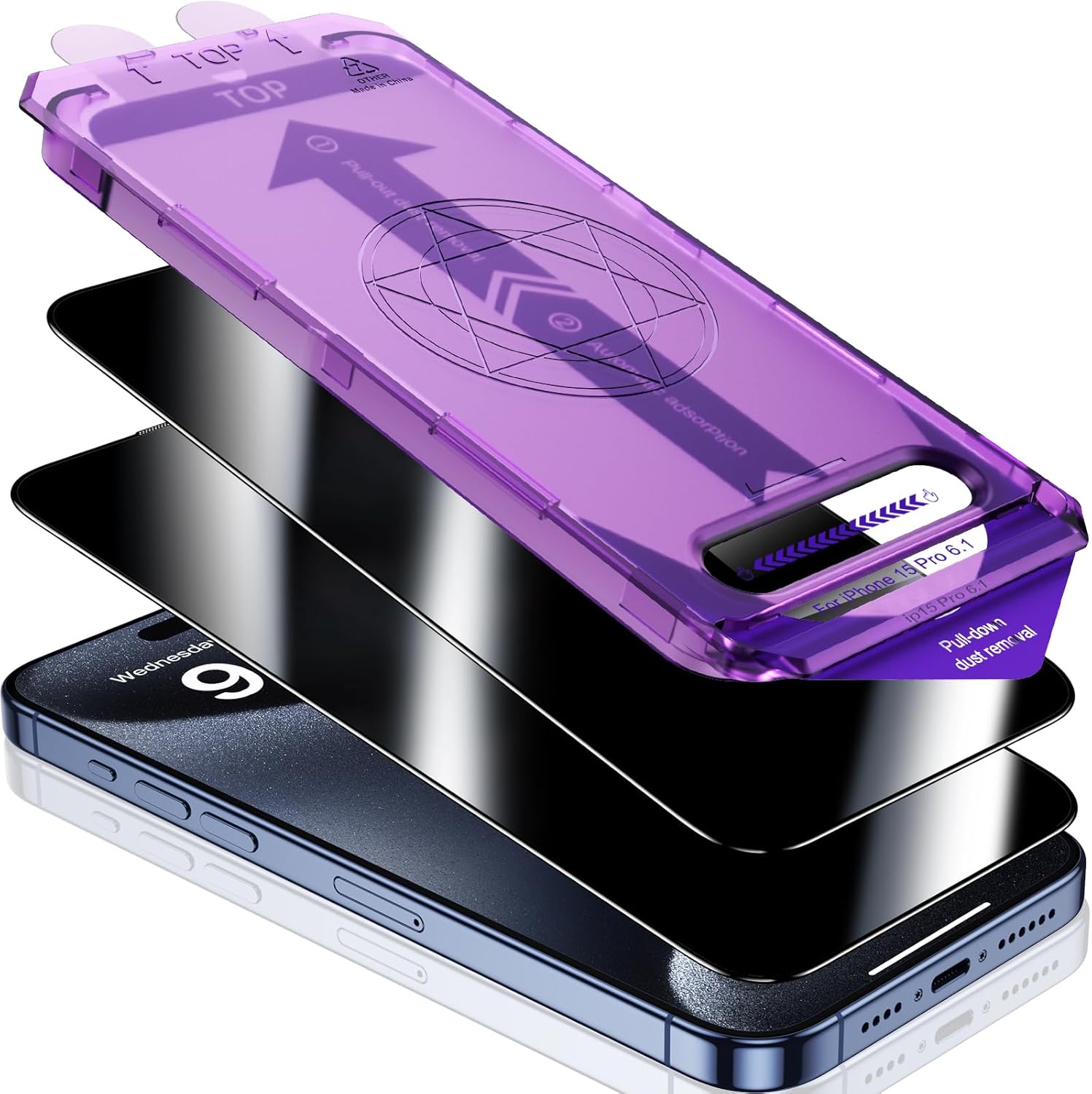 UniqueMe Protector de pantalla de privacidad para iPhone 15 Pro, cero burbujas Eliminación automática de polvo Anti-espía 9H, pantalla de vidrio