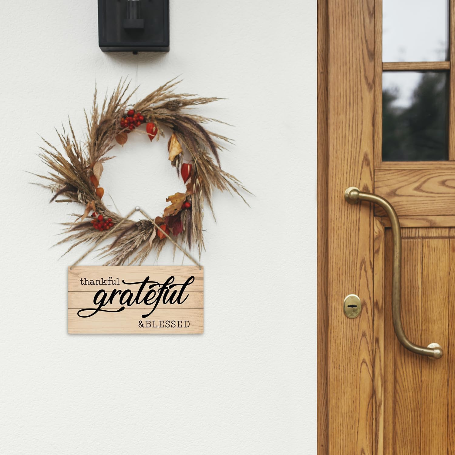 Letrero colgante de madera con texto en inglés Thankful Grateful Blessed para decoración de pared de puerta delantera, placa de madera para casa de