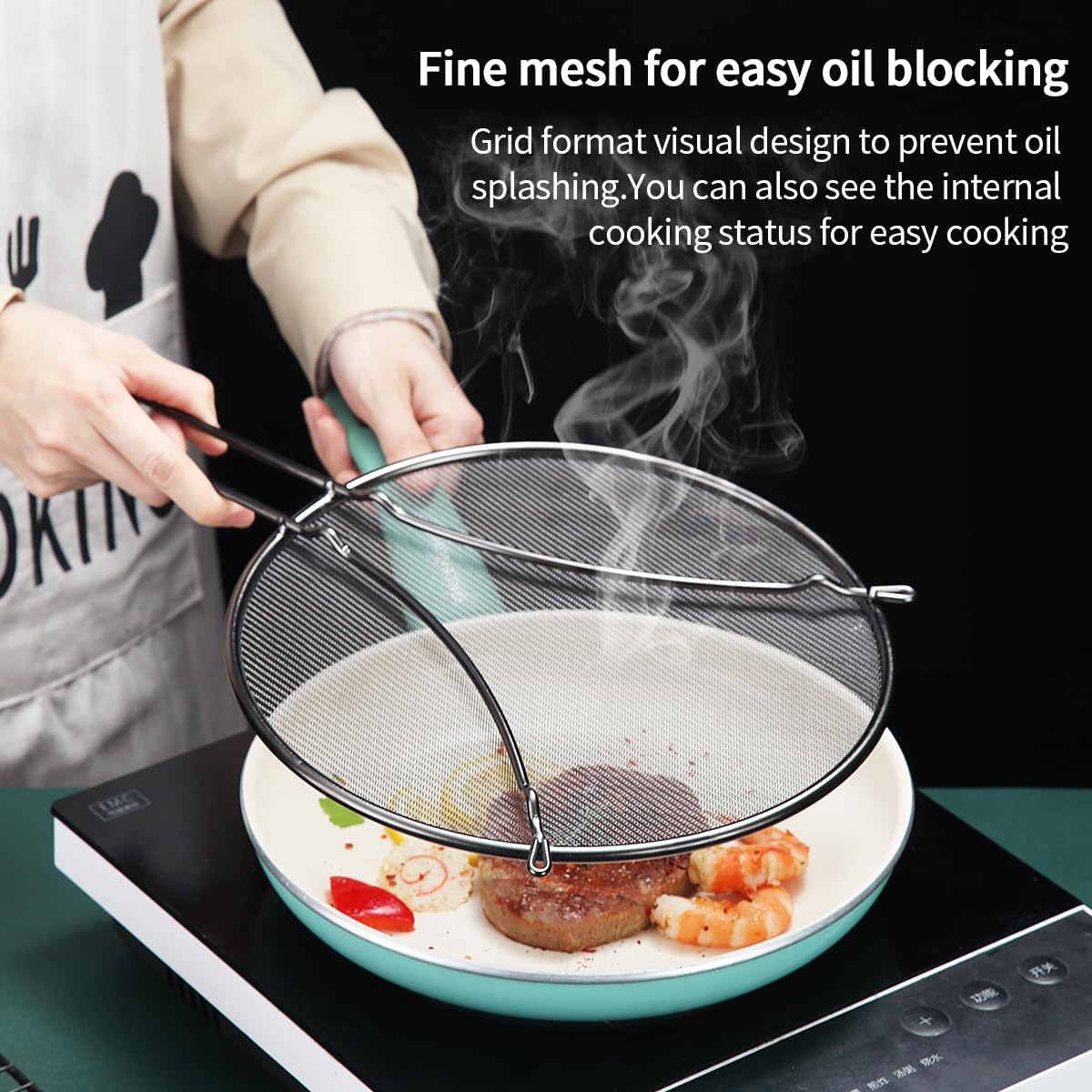 Pantalla negra contra salpicaduras para cocinar, malla fina de acero inoxidable de 9.8 pulgadas para sartén, protector de grasa para sartén para