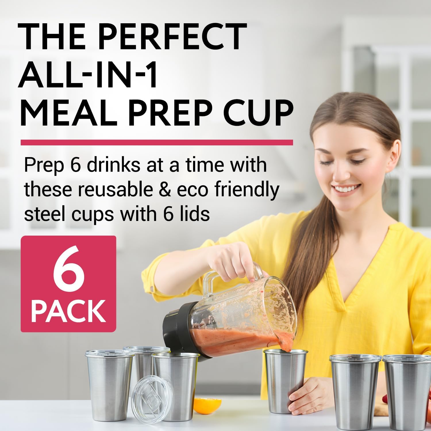 IMPRESA Paquete de 6 tazas de acero inoxidable para preparación de comidas, tarros congelables para jugos y batidos con tapas, convenientes tazas de