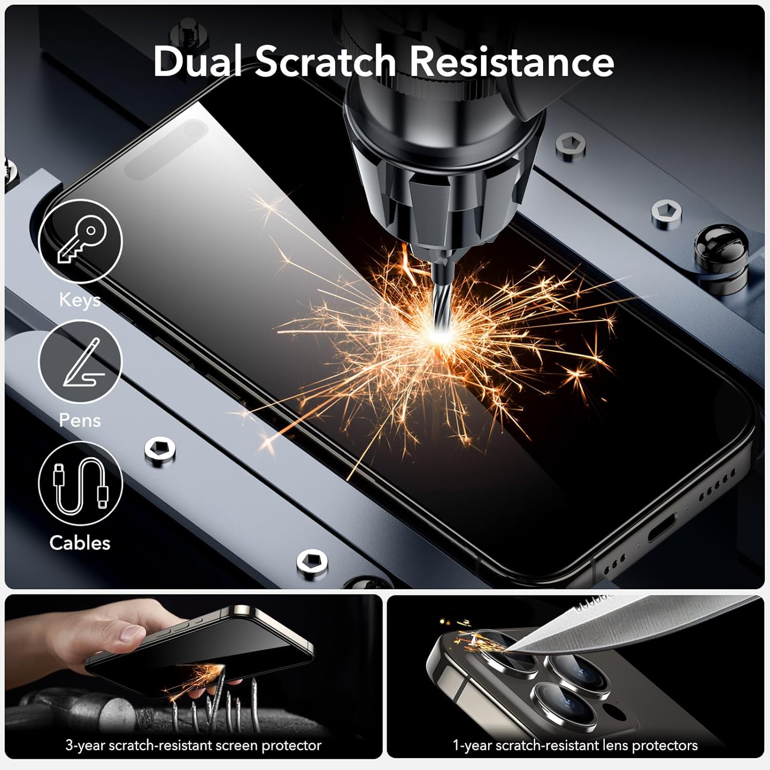 ESR Juego de 3+2 protectores de pantalla Armorite para iPhone 15 Pro Max, vidrio templado ultra resistente, marco de fácil instalación, paquete de 3