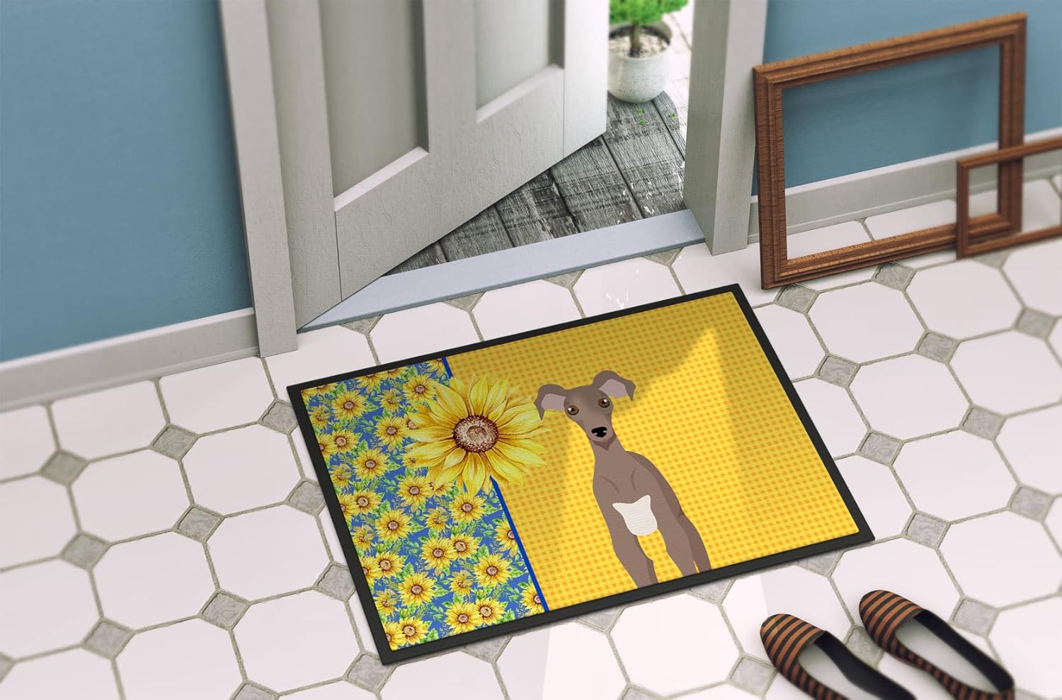 Caroline’s Treasures WDK5431MAT – Felpudo de verano con girasoles y leondo italiano, de 18 x 27 pulgadas, para puerta delantera, para interiores y